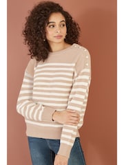 Yumi Brown Stripe Knitted Relaxed Jumper With Button Details - Image 1 of 5