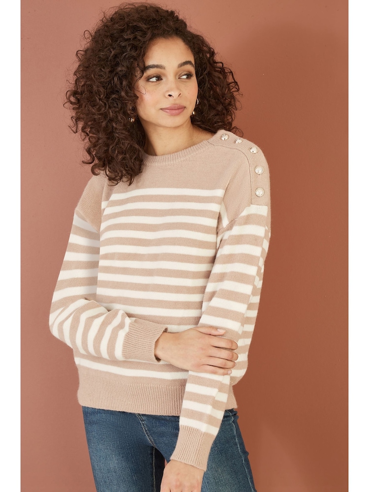Yumi Brown Stripe Knitted Relaxed Jumper With Button Details - Image 1 of 5