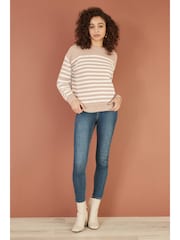 Yumi Brown Stripe Knitted Relaxed Jumper With Button Details - Image 2 of 5