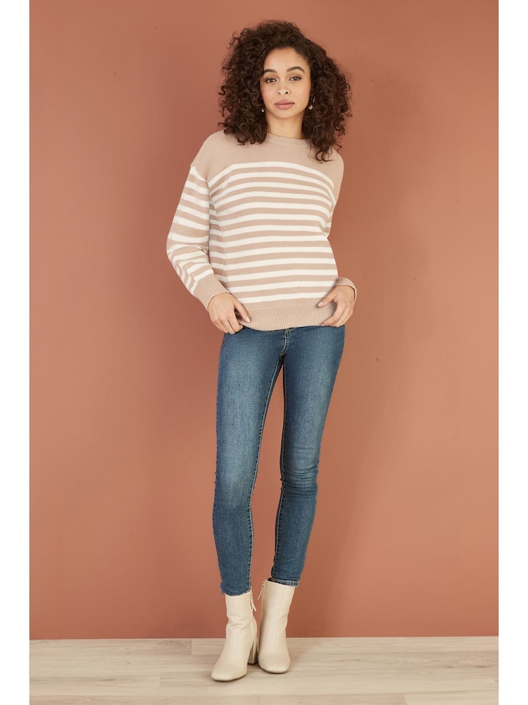Yumi Brown Stripe Knitted Relaxed Jumper With Button Details - Image 2 of 5
