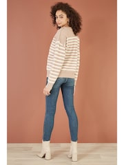 Yumi Brown Stripe Knitted Relaxed Jumper With Button Details - Image 3 of 5