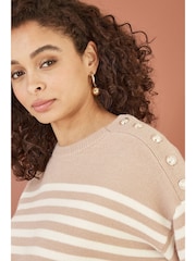 Yumi Brown Stripe Knitted Relaxed Jumper With Button Details - Image 4 of 5