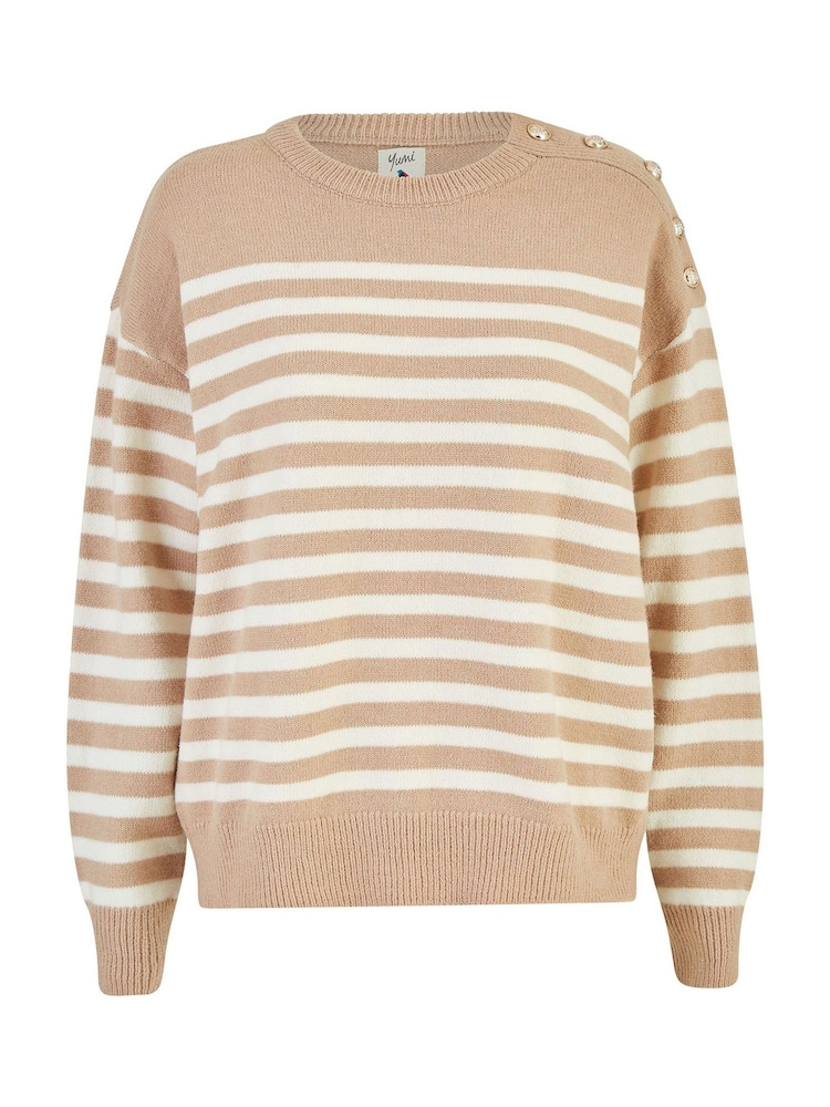 Yumi Brown Stripe Knitted Relaxed Jumper With Button Details - Image 5 of 5 Yumi Brown Stripe Knitted Relaxed Jumper With Button Details - Image 5 of 5