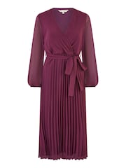 Yumi Purple Pleated Wrap Midi Dress With Sheer Long Sleeves - Image 4 of 4