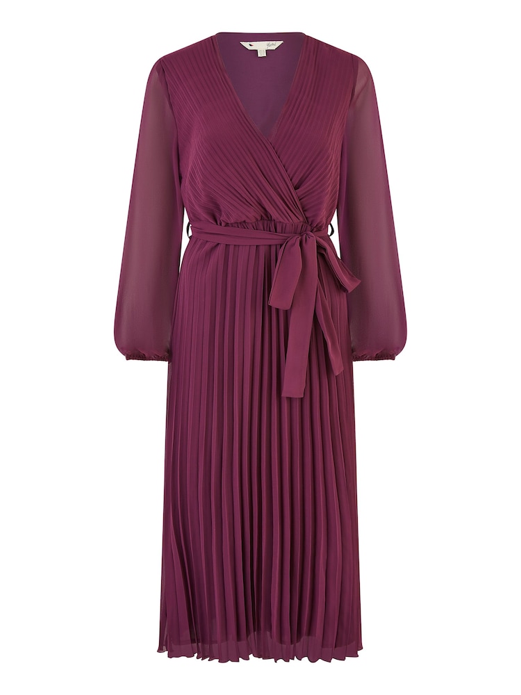 Yumi Purple Pleated Wrap Midi Dress With Sheer Long Sleeves - Image 4 of 4