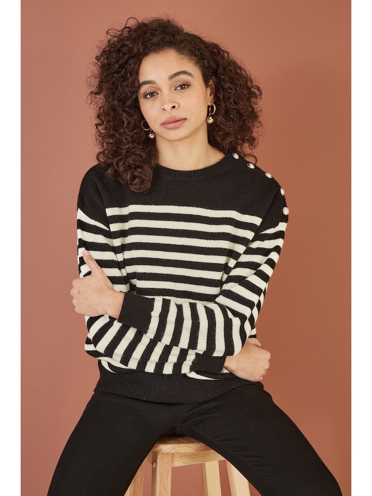 Yumi Black Stripe Knitted Relaxed Jumper With Button Details - Image 1 of 4