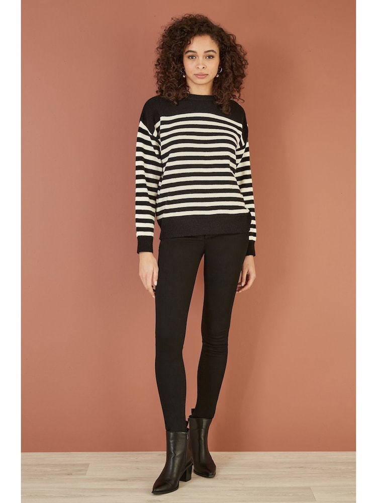 Yumi Black Stripe Knitted Relaxed Jumper With Button Details - Image 2 of 4