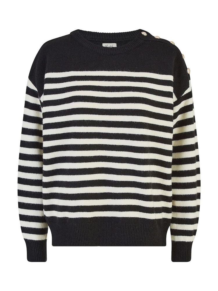 Yumi Black Stripe Knitted Relaxed Jumper With Button Details - Image 4 of 4