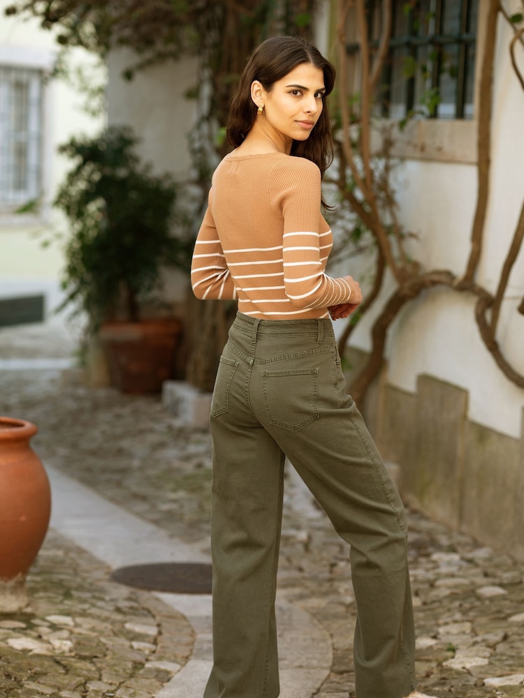 Yumi Brown Stripe Rib Knitted Long Sleeve Top With Button Details - Image 4 of 5