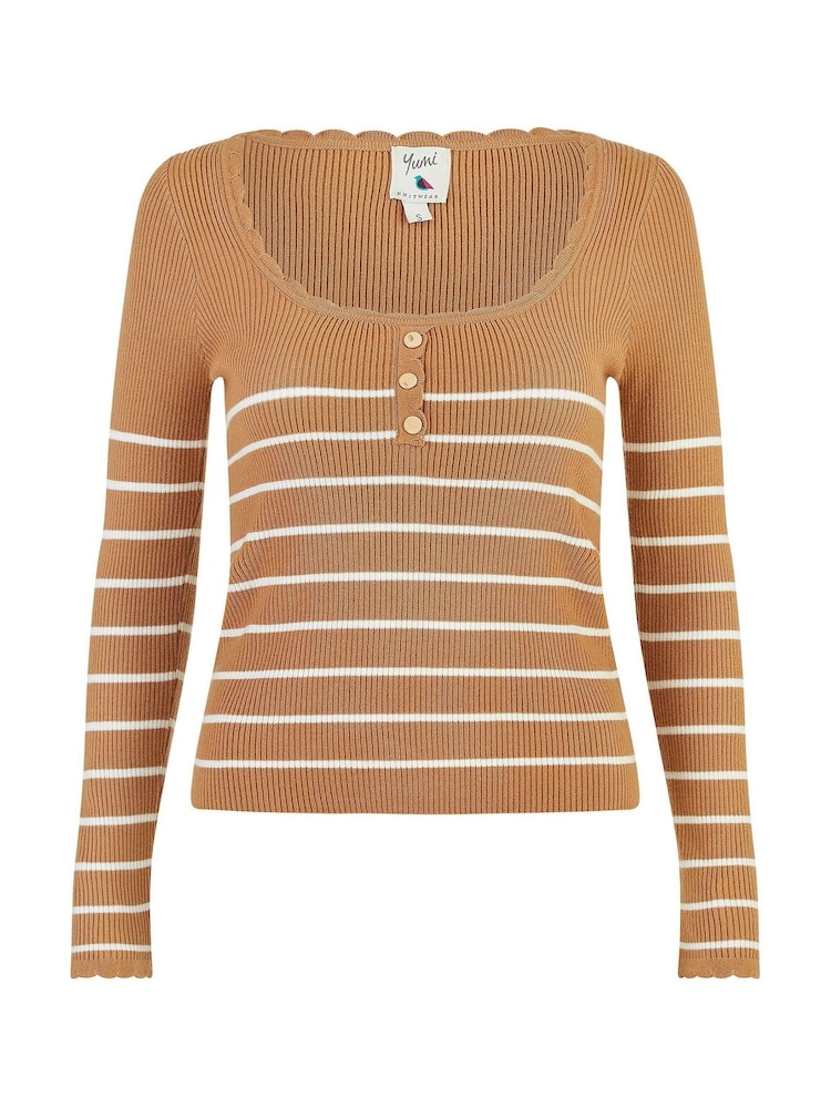 Yumi Brown Stripe Rib Knitted Long Sleeve Top With Button Details - Image 5 of 5