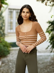 Yumi Brown Stripe Rib Knitted Long Sleeve Top With Button Details - Image 6 of 7