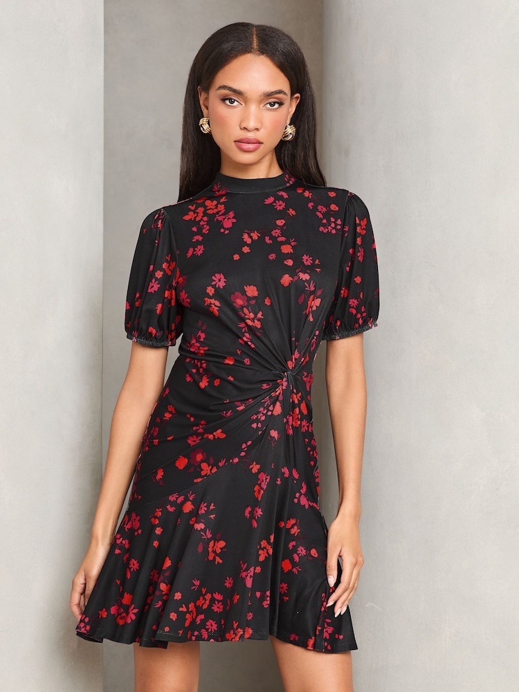 Lipsy Black Floral Puff Sleeve Ruched Jersey Mini Dress - Image 1 of 4
