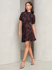 Lipsy Black Floral Puff Sleeve Ruched Jersey Mini Dress - Image 2 of 4