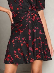 Lipsy Black Floral Puff Sleeve Ruched Jersey Mini Dress - Image 3 of 4
