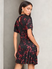 Lipsy Black Floral Puff Sleeve Ruched Jersey Mini Dress - Image 4 of 4