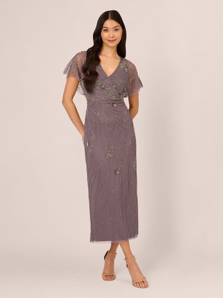 Adrianna Papell Purple Bead Flutter Sleeve Long Dress - Image 1 of 7 Adrianna Papell Purple Bead Flutter Sleeve Long Dress - Image 1 of 7