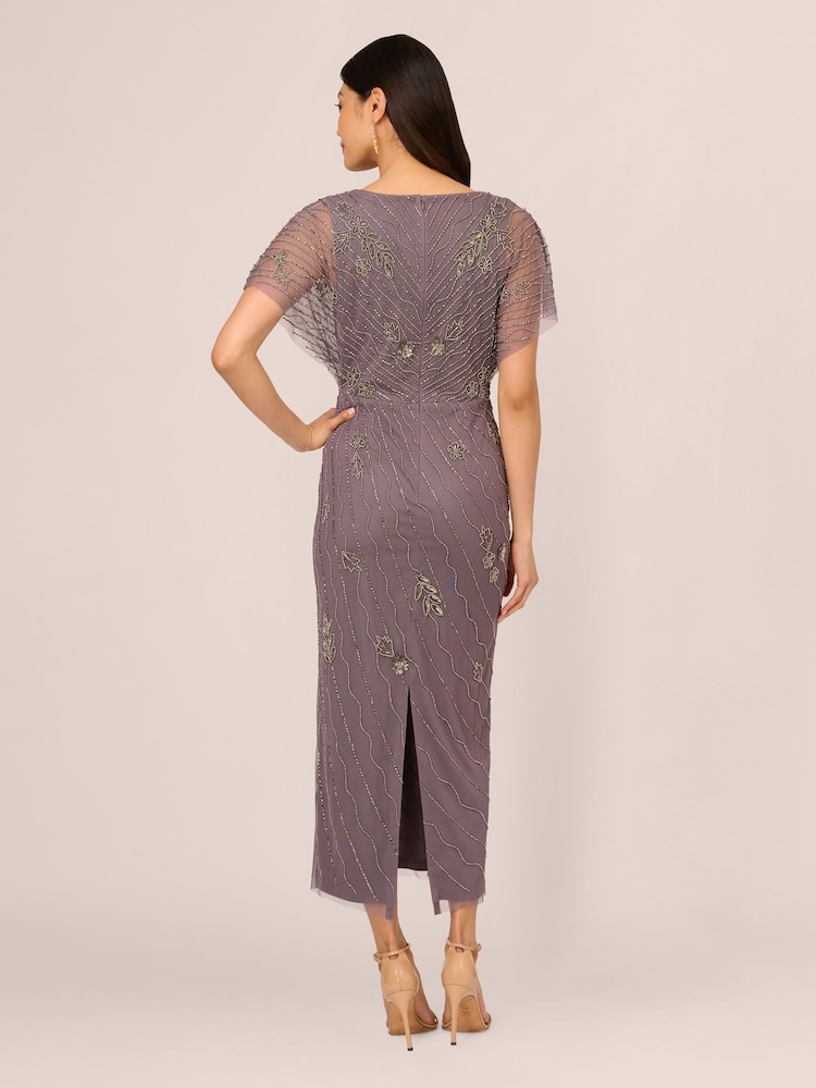 Adrianna Papell Purple Bead Flutter Sleeve Long Dress - Image 2 of 7 Adrianna Papell Purple Bead Flutter Sleeve Long Dress - Image 2 of 7