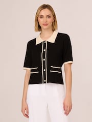 Adrianna Papell Button Front Short Sleeve Sweater With Contrast Collar - Image 1 of 7