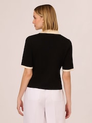 Adrianna Papell Button Front Short Sleeve Sweater With Contrast Collar - Image 2 of 7