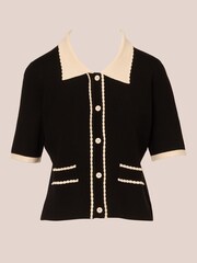 Adrianna Papell Button Front Short Sleeve Sweater With Contrast Collar - Image 6 of 7