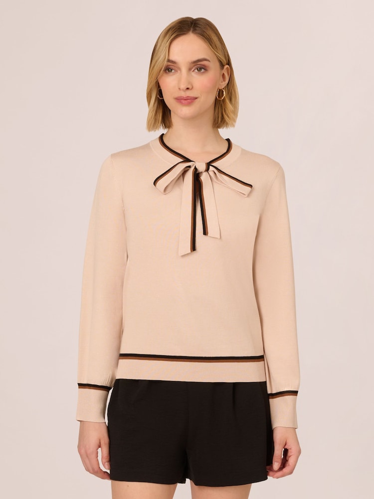 Adrianna Papell Natural Bow Tie Neck Contrast Tipped Sweater With Blousion Sleeves - Image 1 of 7
