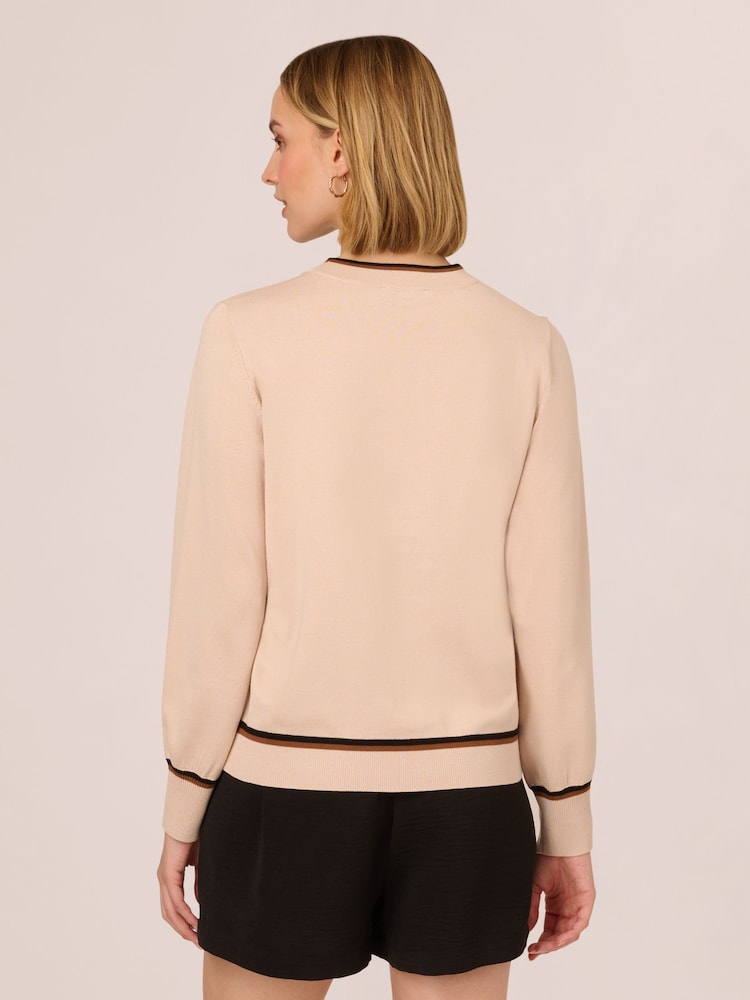 Adrianna Papell Natural Bow Tie Neck Contrast Tipped Sweater With Blousion Sleeves - Image 2 of 7