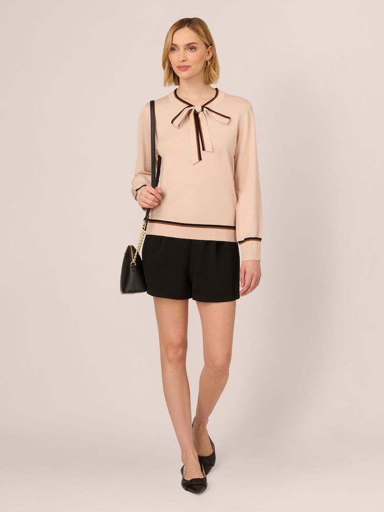 Adrianna Papell Natural Bow Tie Neck Contrast Tipped Sweater With Blousion Sleeves - Image 3 of 7