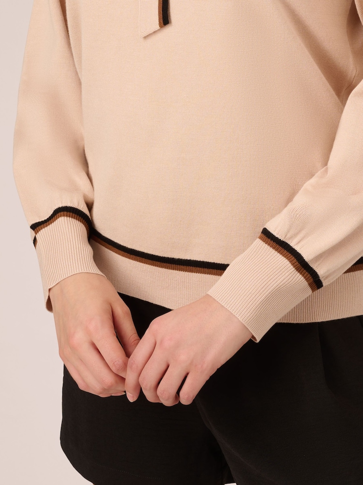Adrianna Papell Natural Bow Tie Neck Contrast Tipped Sweater With Blousion Sleeves - Image 4 of 7