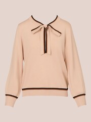 Adrianna Papell Natural Bow Tie Neck Contrast Tipped Sweater With Blousion Sleeves - Image 6 of 7