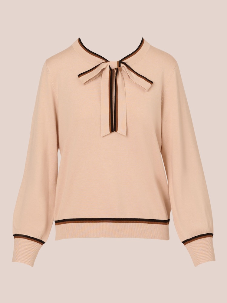 Adrianna Papell Natural Bow Tie Neck Contrast Tipped Sweater With Blousion Sleeves - Image 6 of 7