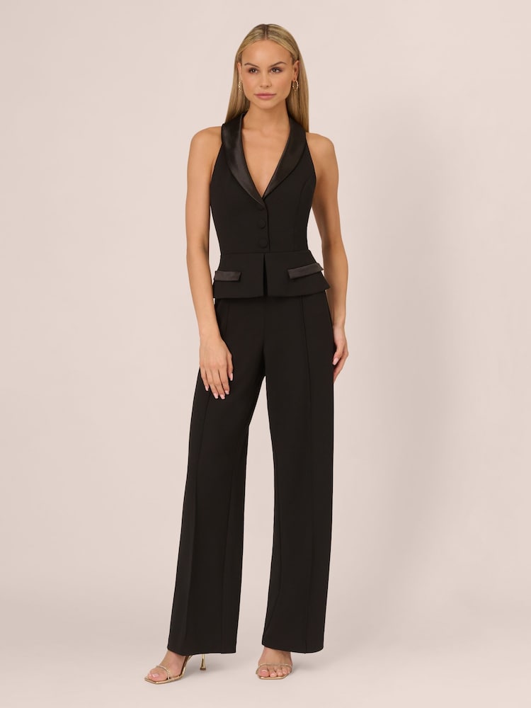 Adrianna by Adrianna Papell Knit Crepe Tuxedo Black Jumpsuit - Image 1 of 7 Adrianna by Adrianna Papell Knit Crepe Tuxedo Black Jumpsuit - Image 1 of 7