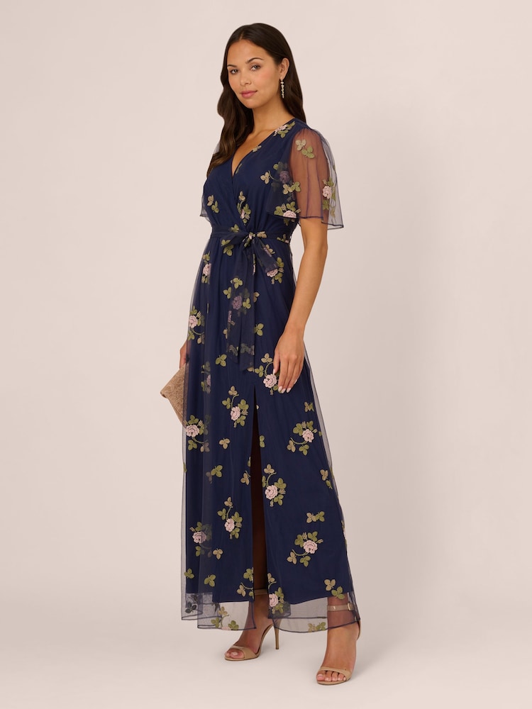 Adrianna Papell Blue Embroidered Flutter Dress - Image 3 of 7