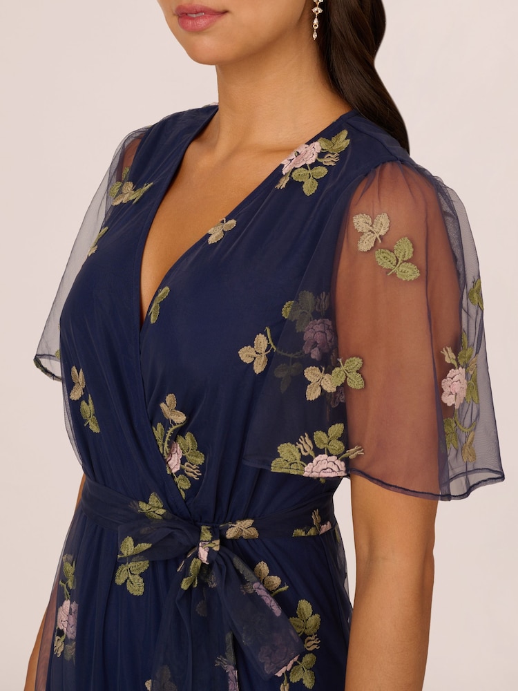 Adrianna Papell Blue Embroidered Flutter Dress - Image 4 of 7