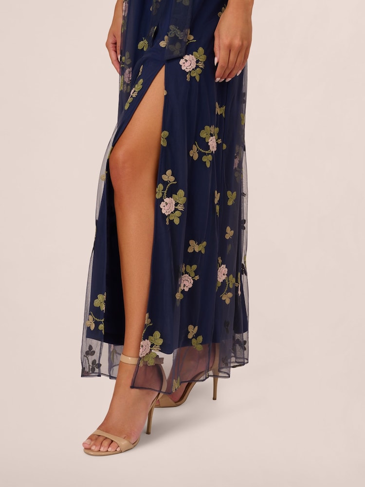 Adrianna Papell Blue Embroidered Flutter Dress - Image 5 of 7
