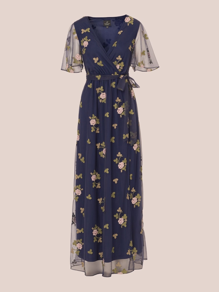 Adrianna Papell Blue Embroidered Flutter Dress - Image 6 of 7