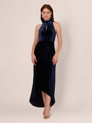 Adrianna Papell Blue Velvet High Low Gown Dress - Image 1 of 7