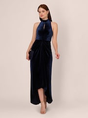 Adrianna Papell Blue Velvet High Low Gown Dress - Image 3 of 7