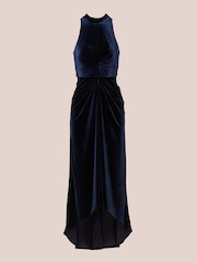 Adrianna Papell Blue Velvet High Low Gown Dress - Image 6 of 7