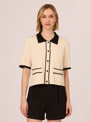 Adrianna Papell Button Front Short Sleeve Sweater With Contrast Collar - Image 1 of 7