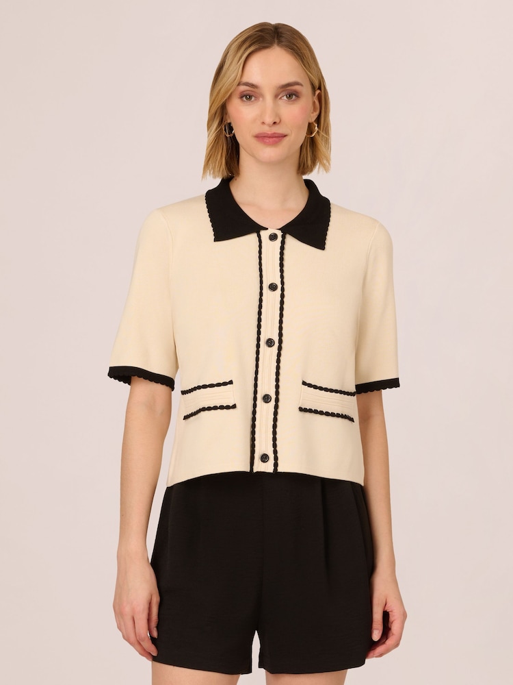 Adrianna Papell Button Front Short Sleeve Sweater With Contrast Collar - Image 1 of 7