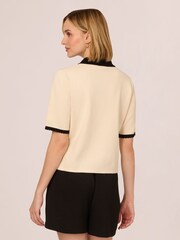 Adrianna Papell Button Front Short Sleeve Sweater With Contrast Collar - Image 2 of 7