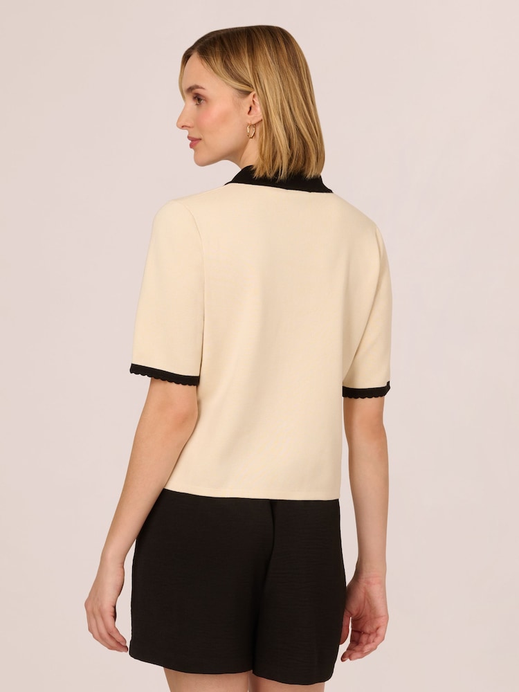 Adrianna Papell Button Front Short Sleeve Sweater With Contrast Collar - Image 2 of 7