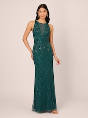Adrianna Papell Green Studio Bead Halter Long Dress - Image 1 of 7