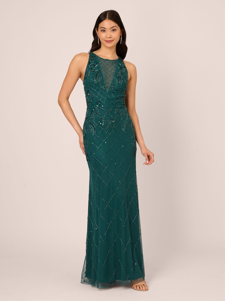 Adrianna Papell Green Studio Bead Halter Long Dress - Image 1 of 7
