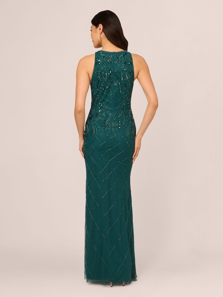 Adrianna Papell Green Studio Bead Halter Long Dress - Image 2 of 7