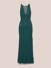 Adrianna Papell Green Studio Bead Halter Long Dress - Image 6 of 7