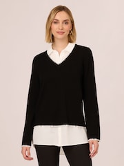 Adrianna Papell Black V-Neck Ottoman Stitch Long Sleeve Twofer Sweater - Image 1 of 7