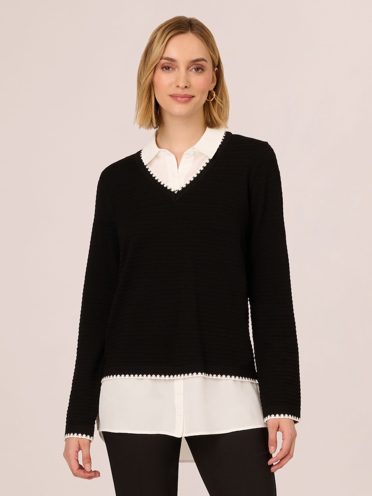 Adrianna Papell Black V-Neck Ottoman Stitch Long Sleeve Twofer Sweater - Image 1 of 7