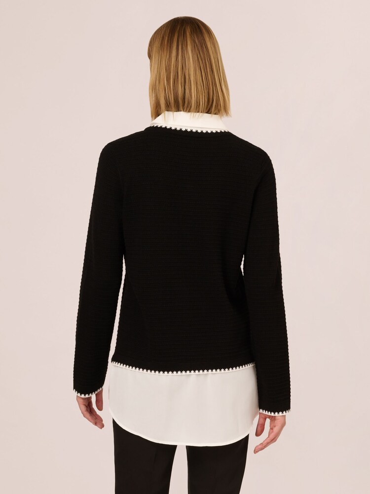 Adrianna Papell Black V-Neck Ottoman Stitch Long Sleeve Twofer Sweater - Image 2 of 7