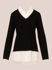 Adrianna Papell Black V-Neck Ottoman Stitch Long Sleeve Twofer Sweater - Image 6 of 7
